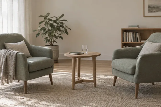 An empty therapy office in daylight: two sage armchairs facing each other across a small wooden table