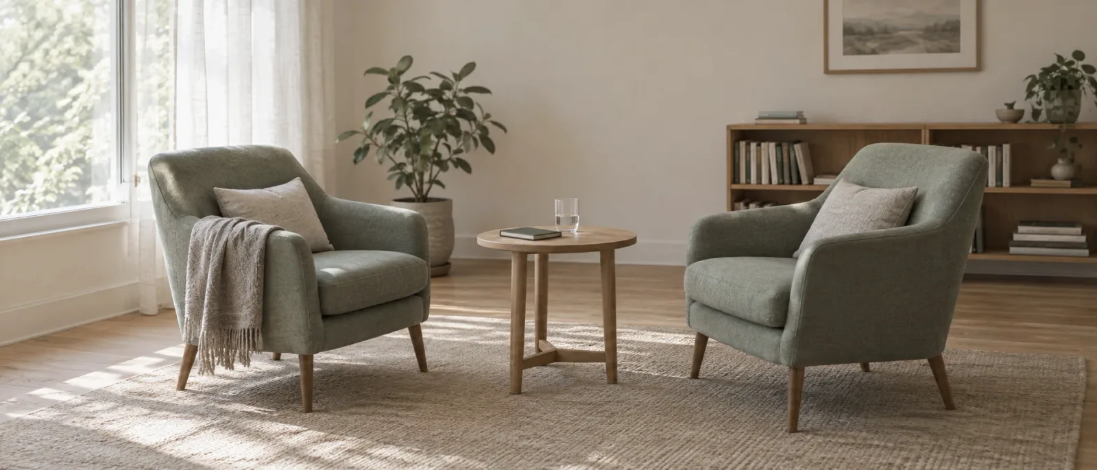 An empty therapy office in daylight: two sage armchairs facing each other across a small wooden table