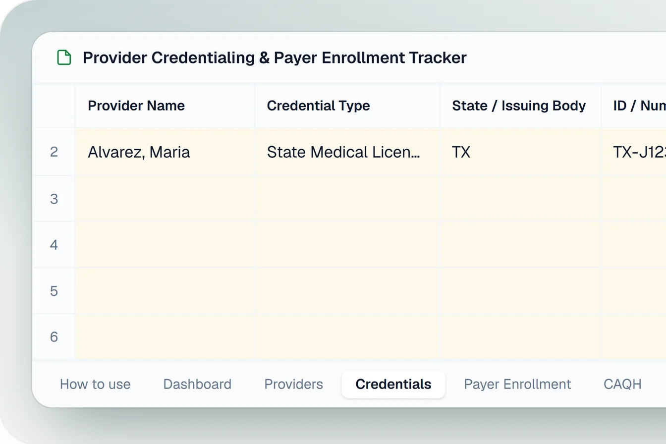 The free credentialing tracker template, open on its Credentials tab